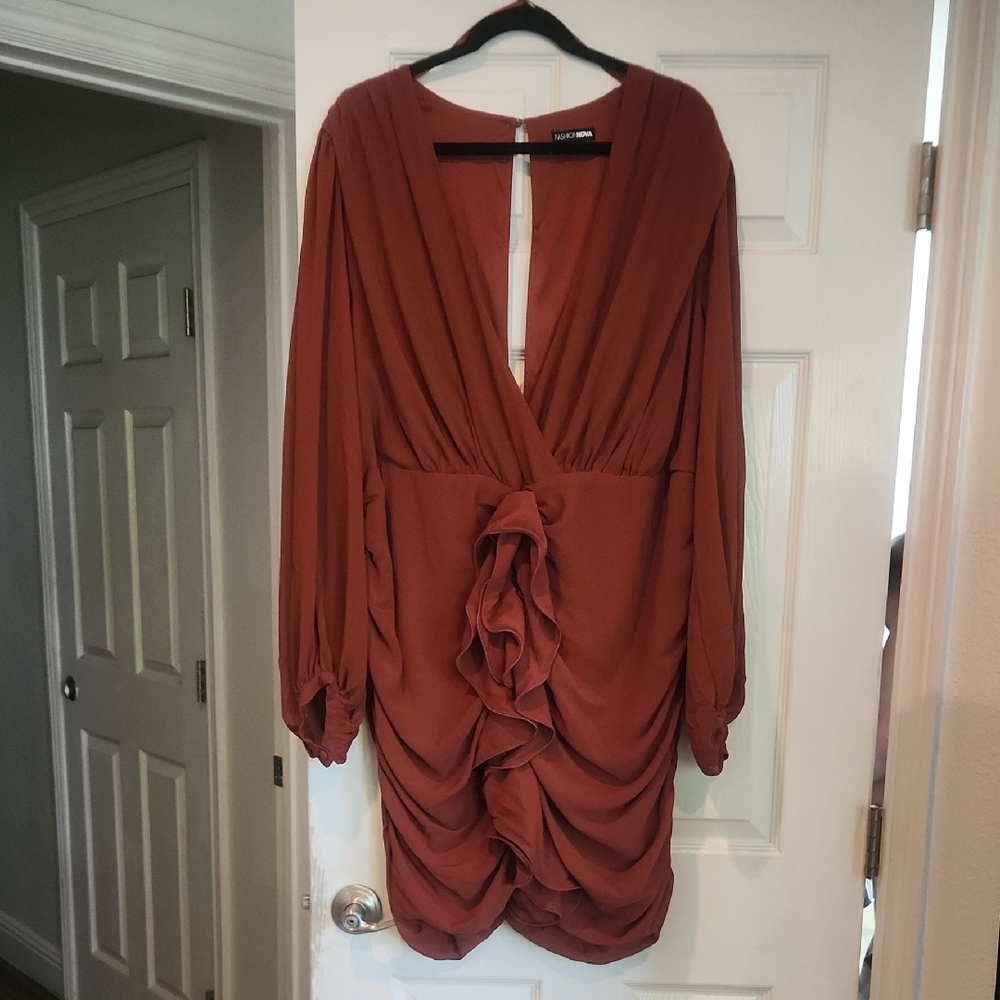 NWOT Fashion Nova Sz 3x Rust Dark Orange Gathered Dress Longsleeve Sheer